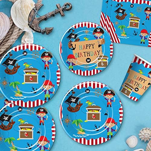Pirate Party Tableware Set for Kids - 24pcs Plates Napkins Forks Tablecloth