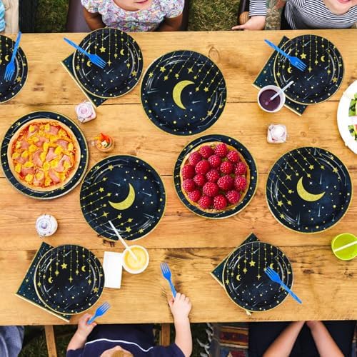 Grencian Gold Star Moon Party Plates Napkins Set for 24 Guests